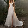 Simple Garden A Line Wedding Dresses Empire Waist Sash V Neck Open Back Side Slit Sexy Country Bridal Gown Court Train Lace And Satin Boho Beach Bride Dress