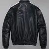 Veste de baseball en cuir véritable pour hommes couche supérieure costume en cuir marron de chèvre coupe cintrée courte jeunesse décontractée veste côtelée à rayures blanches 00O9 #