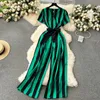 Gentle Women Jumpsuit Stripe V Neck ärmlös snörning Bow High Street Korean Stil Summer Long Senior Rompers 240321