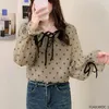 Women's Blouses 2024 Bow Tie Tops Women Korean Style Design Clothes Flare Sleeve Elegant Office Lady Ribbon Cute Sweet Basic Dot Shirts