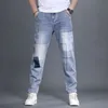män jeans lapptäcke multi-pocket par denim byxor tiggarstil lastbyxor hög gata casual manlig streetwear pantal homme c5xe#
