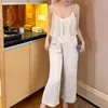 Ev Giyim Buz İpek Strapsants 2pcs Giysiler Seksi Askı Pantolon Gecesi Katı Çıngırak Papaz Pijamaları Takım Salonu Giyin