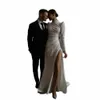 Verngo 우아한 높은 목 구슬 Crystal Mermaid wedding dres sleeves pleats side slit 간단한 여성 신부 공식 DR L6I7#