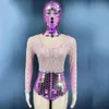 multicolored Shining Mirror Sequins Lg Sleeves With Headdr Bodysuits For Women Nightclub DJ Clothing Carnival Party Wear 69u7#