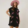 Feestjurken A-lijn Losse Leuke Pailletten Shirts Vrouwen Jurk 2024 Zomer Retro Vestido Mode Korte Mouw Mini Blouse Vrouw Kleding