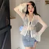 Hotsweet Black See Through Cardigans Femmes Été Nouveau Slim Fit Mince Flare Manches À Lacets Cardigan Tops Mujer x7Vf #