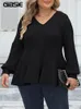 Gibsie Plus Size Lg-Ärmeloberteile für Frauen Frühling Herbst V-Ausschnitt Schößchen-T-Shirt Weibliche beiläufige gerippte Strick-T-Shirts Kleidung 2023 H27O #