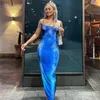 030 Strap Spaghetti LG Backl Slim Dres Blue Printed Maxi Dr Women Party Night Club Outfits O734#