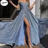 캐주얼 드레스 Pulabo 여자 Skyblue 스팽글 반짝이는 저녁 끈이없는 레이스 새틴 연인 사이드 섹시 무도회 가운 긴 공식 드레스