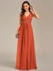 Elegant Evening Dres V Neck-applikationer Ruched ärmapparater 2024 Ever Pretty of A-line Burnt Orange Bridesmaid Dr 80SE#