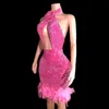 光沢のあるピンクスパンコール博士セクシーなホルターフェザーイブニングドレス女性ダンサーコスチューム誕生日服を祝う衣装ステージウェアXS6535 A4DU＃