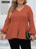 Gibsie Plus Size Lg-Ärmeloberteile für Frauen Frühling Herbst V-Ausschnitt Schößchen-T-Shirt Weibliche beiläufige gerippte Strick-T-Shirts Kleidung 2023 H27O #