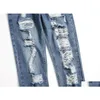 Jeans da uomo 3 stili Mens foro al ginocchio slim fit dritto stile antico nuovo per tutte le stagioni bottoni con cerniera pantaloni da motociclista a vento europeo Street Drop Dh9Pt