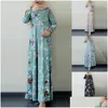 Basic & Casual Dresses Fashion Women Retro Dubai Long Sleeve Floral Printed Hijab Turkey Dress Round Neck Maxi Vestidos Robe Musmang3 Dhseq