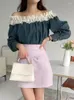 Camicette da donna Nomikuma Coreano Chic Primavera Retro Patchwork con spalle scoperte Camicia di jeans lavati a fiori Camicetta a maniche lunghe alla moda