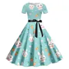 easter Dres Short Sleeve Round Neck Loose A-Line Ruched Easter Cute Rabbit Print Maxi Dr For Women 2024 Women Summer Dr h3Xp#