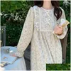 Women'S Sleepwear Womens Floral Print Nightgown Korean Vintage Ruffles Night Dress One Piece Pajamas Spring Long Sleeve Bow Home Wear Dhxjq