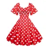 Party Dresses Women Evening Dress Retro Dot Print A-line Big Swing Short Ruffle Sleeves Tight High Waist Back Zipper Midi