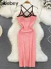 Casual Jurken Roze/Zwart Halter Zomer Gebreide Sexy Band Jurk Vrouwen Elatic Taille Bodycon Zonnejurk Vrouwelijke Strand Backless Lang