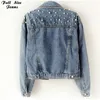 Designer Pearl Beading Black Short Jean Jackets Korean Chi Street Jeans Jacket Chi Cott Collar Blue White Croped Denim Coat 49MF#