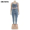 cm.yaya Mulheres Plus Size Set Denim Sólido Sleevel Único Breasted Crop Tops Zip Calças Dois 2 Peça Define Fi Outfit Verão U0yQ #