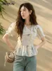 Kvinnors t-shirt Mishow Womens Sweet Embroidery Flower Bluses 2023 Summer Puff Sleeve Asymmetric V Neck Turn-Down Collar Chiffon Top MXC36C003224329