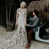 Urban Sexy Dresses 4055# Real Photos Two Piece Long Sleeve V-Neck Open Back Sheath Slit Bohemian Sweep Train Lace Wedding Dress Bridal Gown 2022 yq240329