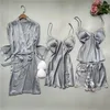 Inicio Ropa Champán 4PCS Traje de pijama de dama Top con tirantes sexy Ropa corta Ropa de dormir de satén para salón de primavera Ropa de dormir con adornos de encaje con lazo agradable