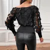 Damesblouses Informeel Perspectief Bubble Sleeve Pullover Dames Schuine hals Mesh Splitsing Top Elegant Kantoor Dames Getailleerd Geplooid Stretch