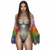 flerfärgad rhinestes Tassel Sleeve Bodysuit Women Singer Bar Sexig Dance Costum Club Party Crystals Fringe Leotard Stage Wear Y0WE#