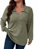 Damen Plus Size Casual T-Shirt Damen Solid Ribbed Lg Sleeve Reverskragen Leichtes Stretch-T-Shirt D1yZ #