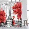 Shower Curtains Vintage Paris Tower Pink Floral Botanical Town Ink Art Landscape Bath Curtain Set Fabric Bathroom Bathtub Decor