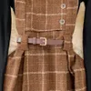 Vintage Koreaanse Tweedelige Set Jurk Vrouwen Herfst Winter Plaid Wollen Spaghetti Band Met Riem Lange Zonnejurk Vestidos 240329