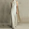 Robes décontractées Belle drapée pleine longueur robe femmes solide satin de soie 2024 élégant épaule châle manches soirée soirée