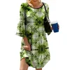 Party Dresses Summer Women Dress O Neck Three Quarter Hyls Floral Print Pleated A-Line Loose Hem Kne Length Roupas Feminina