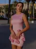 Robes décontractées Robe rose de luxe pour les femmes d'été sans manches O cou Appliques Bodycon Mini Celebrity Soirée Club Party Invité de mariage