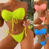 Straplez Bow Tie Hot Sprey Split Mayo Yüksek Belli Üç Noktalı Bikini Mayo