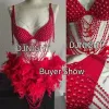 Sexy Pole Dance Bikini Mulheres Stage Performance Wear Festival Outfit Drag Queen Costume White Red Full Pearls Fur Bodysuit P8Xr #
