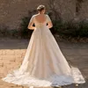 Elegant A-Line Boho Wedding Dres Plus Size V Neck Korta ärmar Lace Up Back Brudklänningar Applices Vestidos de Novia J5i5#