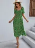 Bohême robe imprimée femmes 2024 vacances d'été robe mi-longue décontractée manches bouffantes taille haute Boho robes fendues pour femmes vêtements 240323