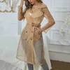 women Organza See Though Sunscreen Lg Sleeve Trench Summer Autumn Fi Double Breasted Lg Coat With Belted Tops Outwear A0XQ#