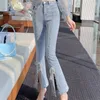 Damesjeans Lente Herfst Zoete hoge taille Split-denimbroek Parelboog Spleet uitlopende broek Dames Elegant Chic Vintage Fairy