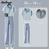 Kvinnors sommaren rutig kort ärm topp+casual jeans två bit 2023 Ny matchning set koreansk chic polo blus denim byxor kostym n5bj#