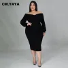 cm.yaya Automne Hiver Plus Taille Femmes Hors Épaule Lg Manches Plongeant Col En V Bodyc Midi Dr Élégant Sexy Party Dres R1FU #