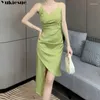 Casual Dresses Korean Elegant Evening Party Summer V-neck Irregular Mermaid Women Wrap Split Folds Dress Satin Club Slip