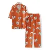 Casa roupas senhoras manga curta shorts pijamas conjunto confortável loungewear longo solto terno laranja leão impressão simulado seda pijamas