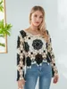 T-shirts Femmes Femmes Y2K Haut à manches longues Crochet Floral Broderie Tricot Pull Boho V Col Creux Cardigan