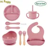 Tasses Plats Ustensiles Assiettes d'alimentation pour bébé Bol à ventouse en silicone Plats Assiette ronde pour enfants Ensembles de vaisselle pour enfants Tasses en paille Cuillère Fourchette Bis 8Pcs Ensemble 240329