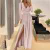 women's Dr Lg-Sleeved V-Neck Solid Color Stripe Split Female Elegant Formal Dres Party Evening Prom Gala Vestidos W1wG#