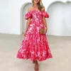 Casual Dresses European och American Platform Border Spring Summer Neck Printed Puff Kjol Sleeve Dress for Women Elegant